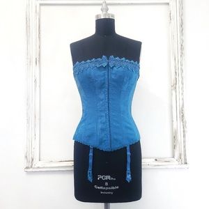 Vintage Y2K teal wild roses square neck corset